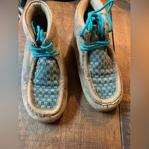 Twister Kids Moccasins with Tan and Teal Checkered Design